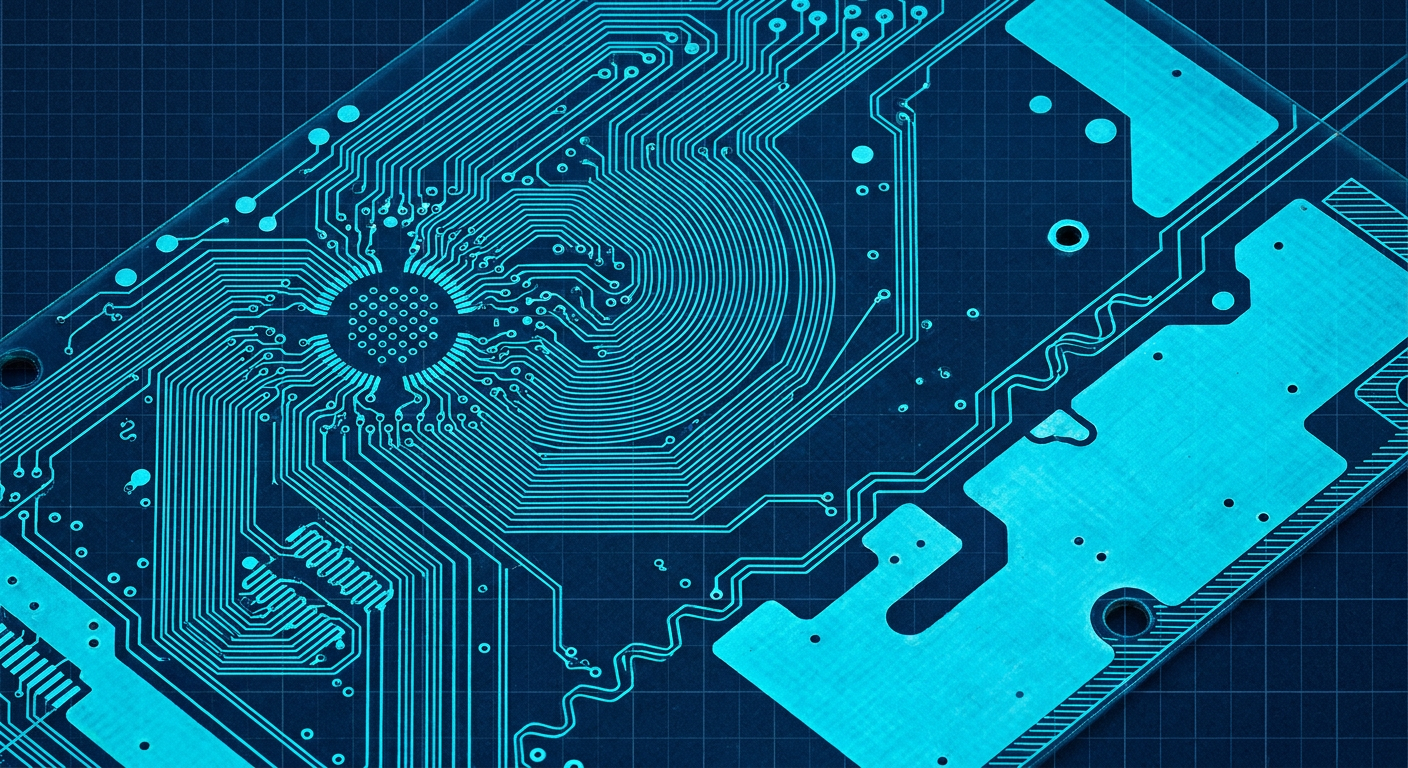 Detailed macro photograph of a dense mixed-signal printed circuit board layout showing trace routing and ground planes