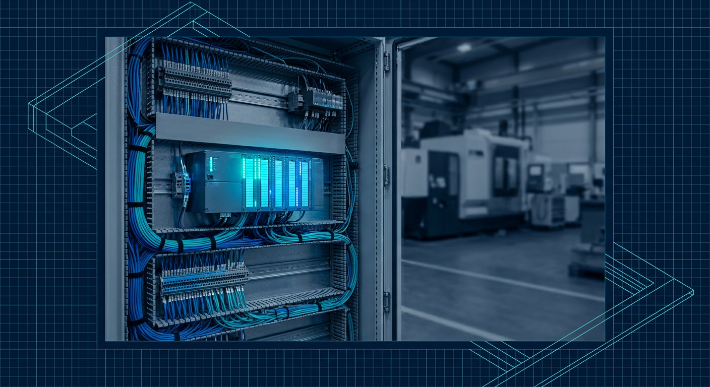 An open industrial control cabinet with a programmable logic controller running live on a factory floor