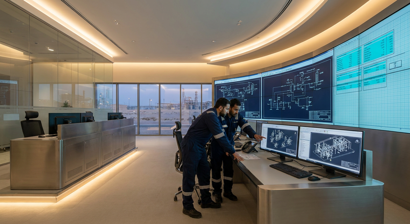 Engineers reviewing technical plant diagrams and diagnostics on high-resolution screens in a modern industrial training facility.