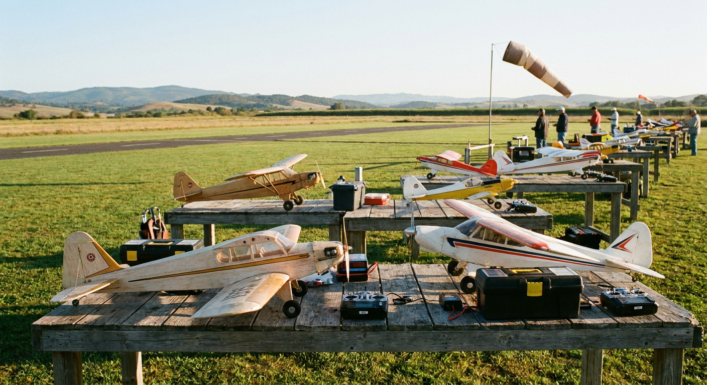 Radio control airplanes resting on pit tables at a grass flying field.