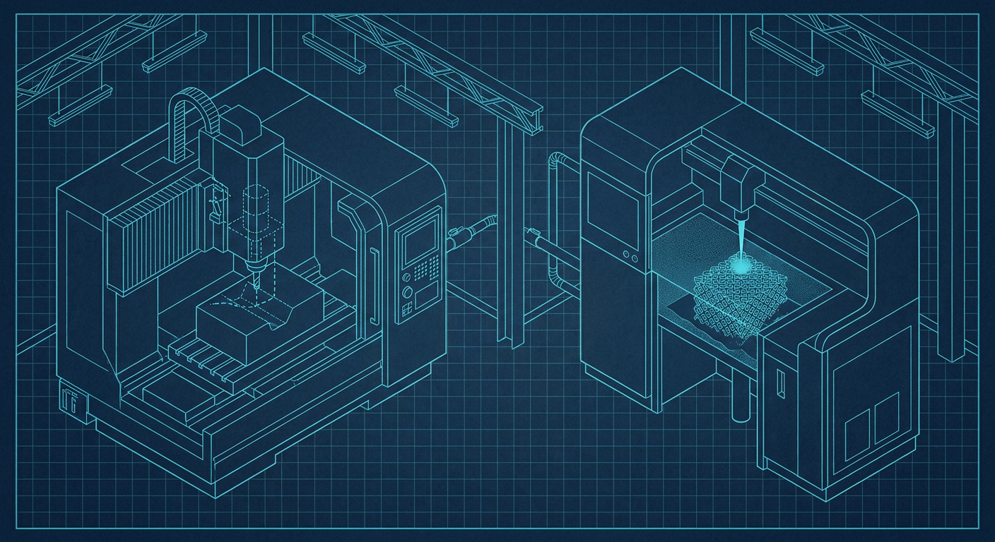 A split view of a 5-axis CNC milling tool cutting a metal part next to a laser powder bed fusion build plate with printed metal components