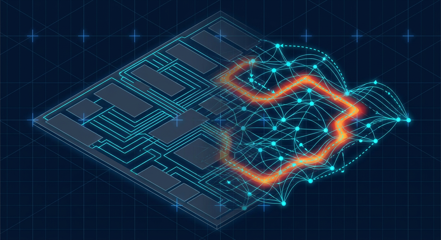 Abstract CAD visualization of an integrated circuit floorplan overlaid with neural network graph embeddings and timing slack heatmaps