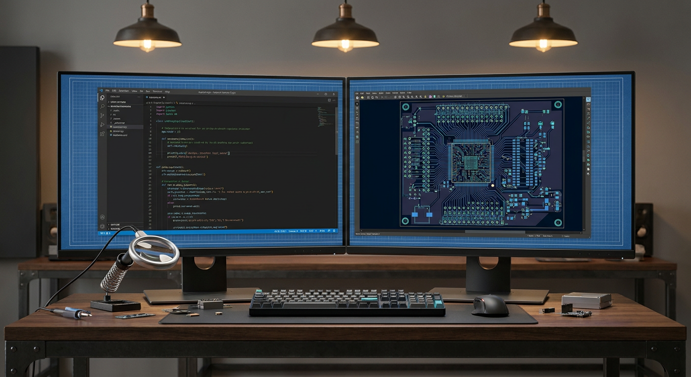 Split screen monitor showing code-based circuit descriptions next to a routed printed circuit board layout