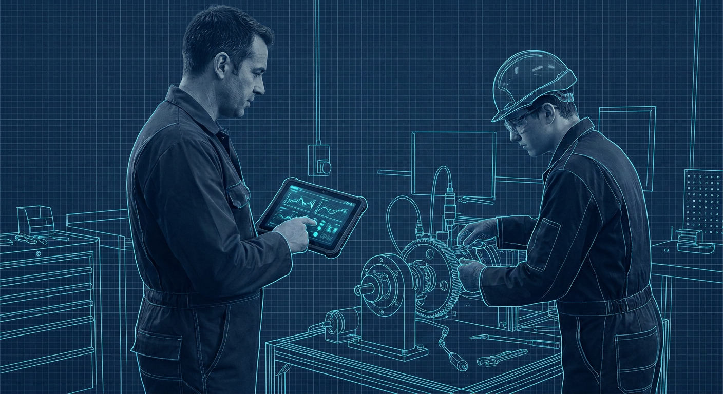 An apprentice and training instructor reviewing diagnostic test data on a tablet in an industrial workshop