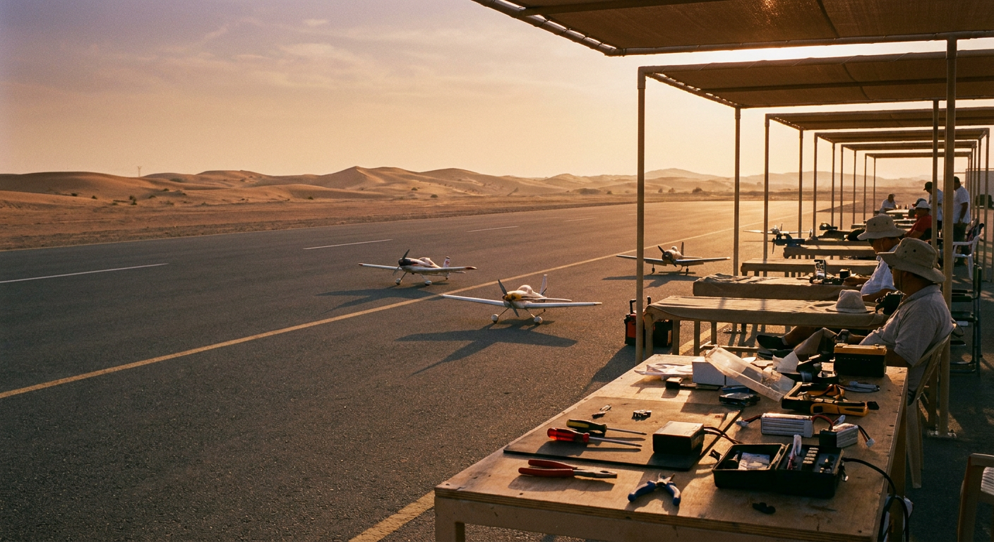 An RC model aircraft airfield with a paved runway and shaded pit tables in the UAE desert.