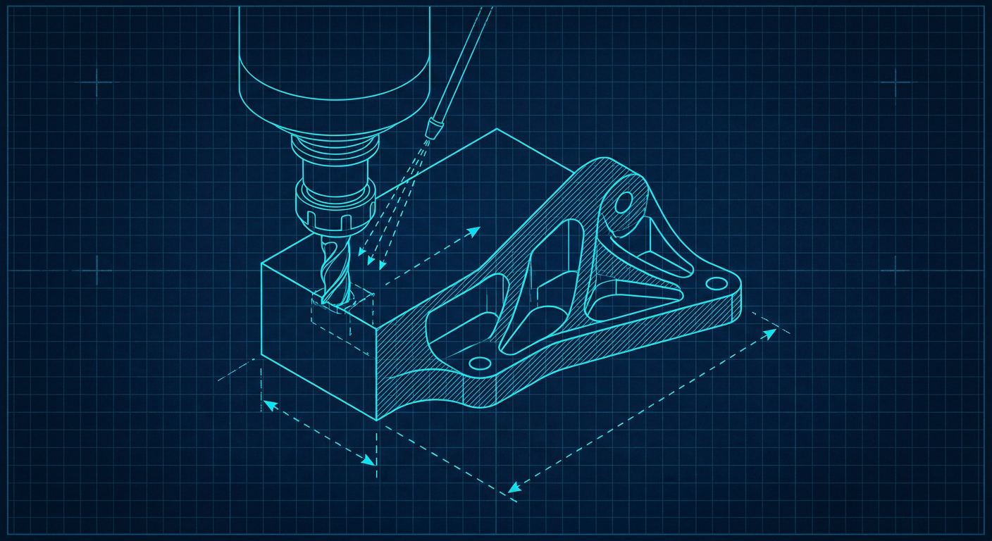 CNC endmill machining an aluminum structural part with generative pockets and flat mounting faces