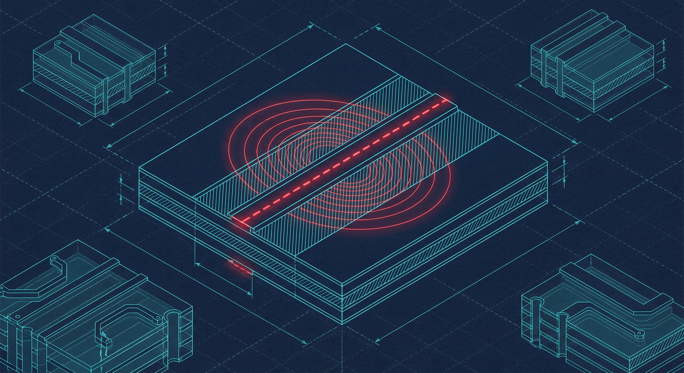 Microstrip transmission line on a PCB showing discontinuous return path and radiating electromagnetic fields over a ground plane split