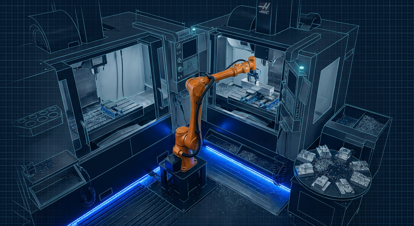 A 6-axis collaborative robot tending a CNC vertical machining center with a pneumatic gripper and indexing parts carousel.