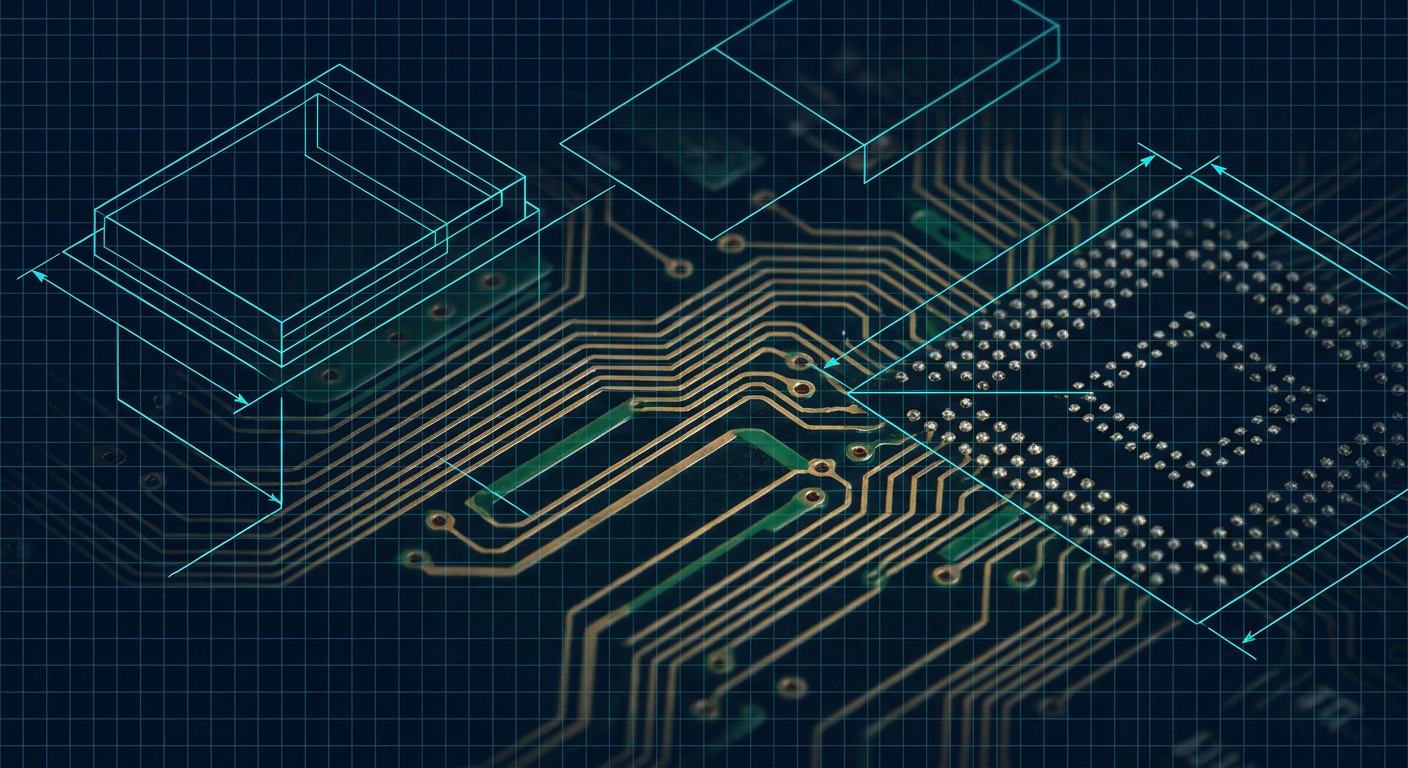 PCB layout showing solder mask clearances and fine-pitch trace routing with automated DFM checks