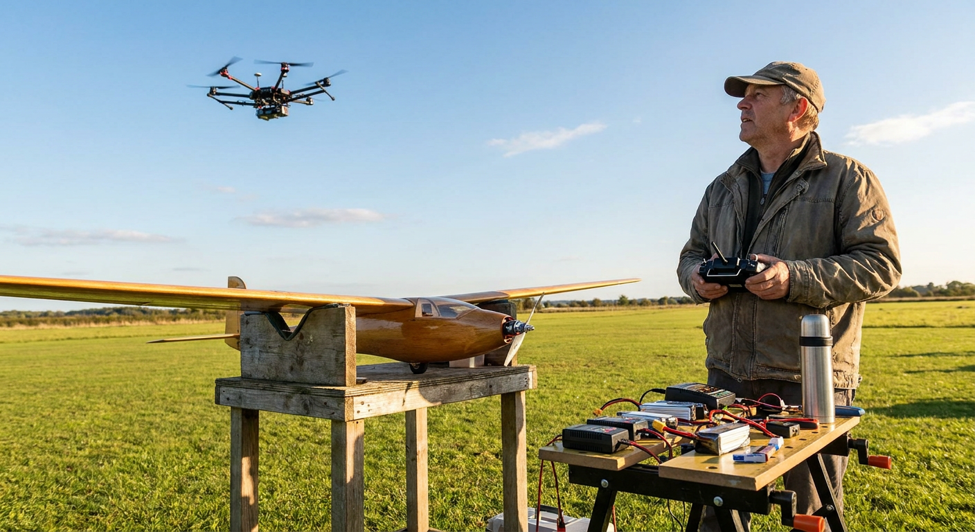 An RC hobbyist at a grass flying field watching a distant commercial delivery drone transit across the sky.
