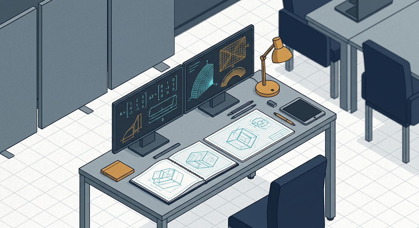 Technical workplace showing mathematical simulation matrices beside structural engineering models on a workstation monitor