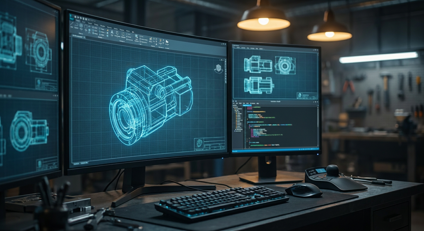 Technical CAD interface displaying parametric solid models, script editor, and orthographic views