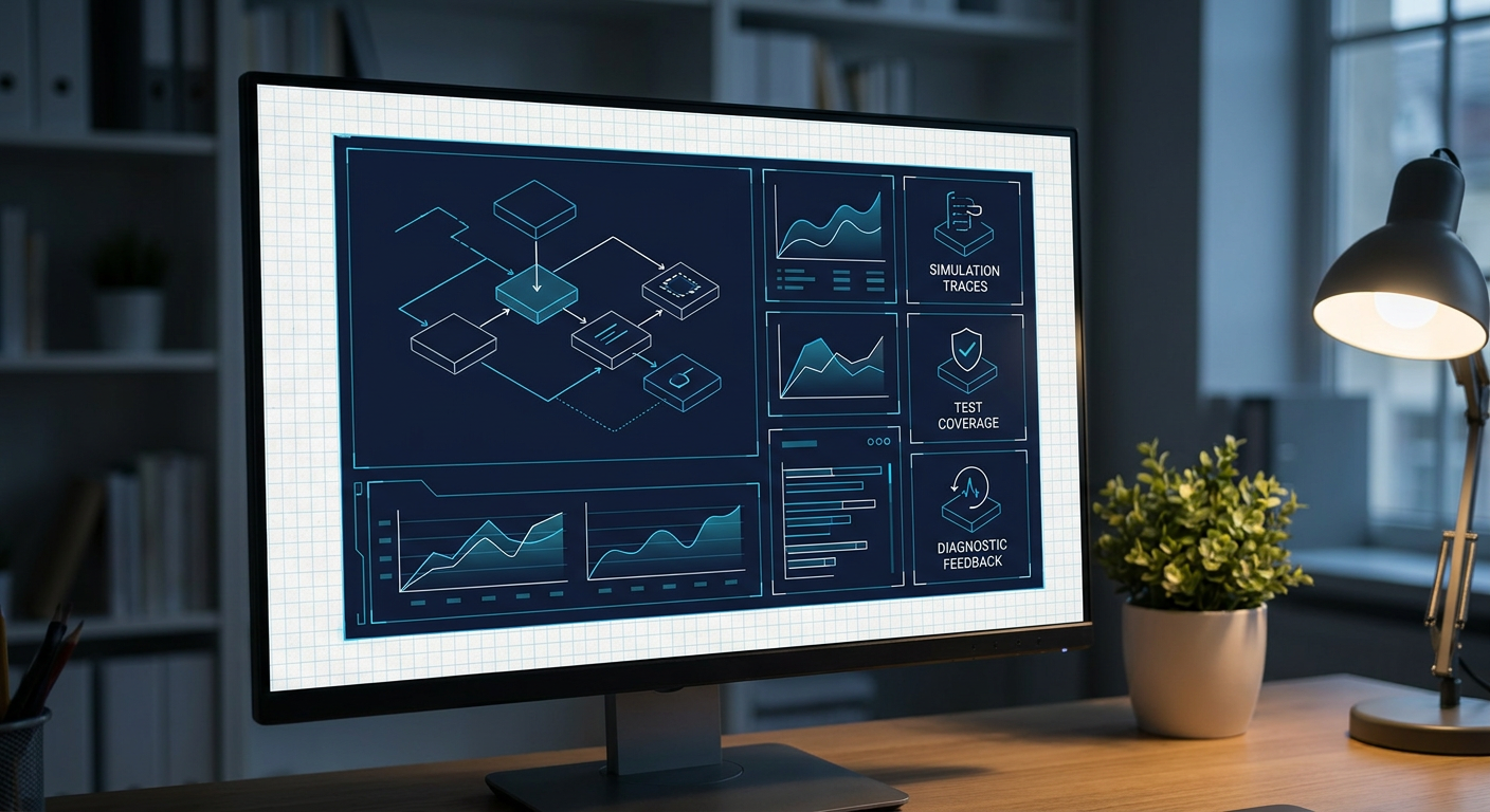 An engineering workstation display showing automated test results and diagnostic feedback loops.