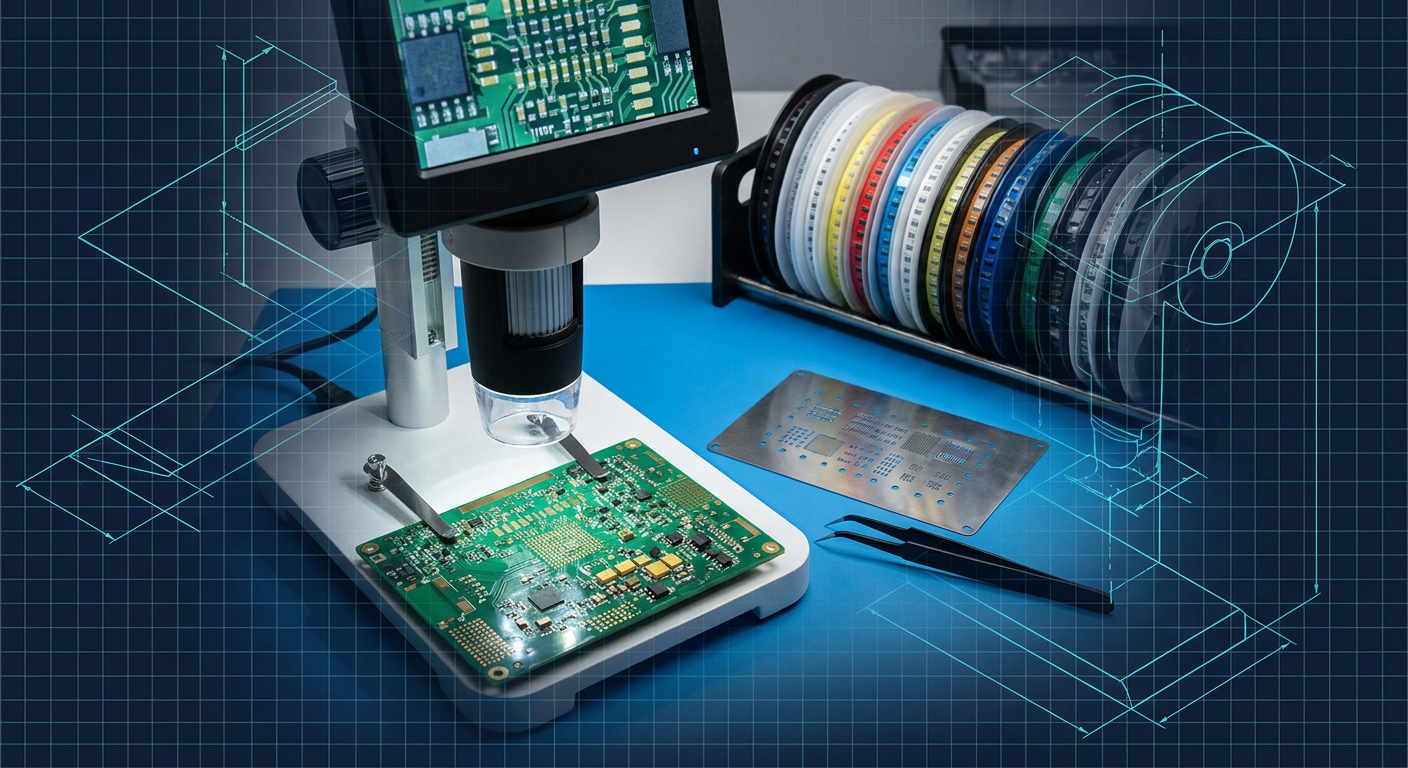 PCB assembly workbench with stencil, component reels, and digital microscope