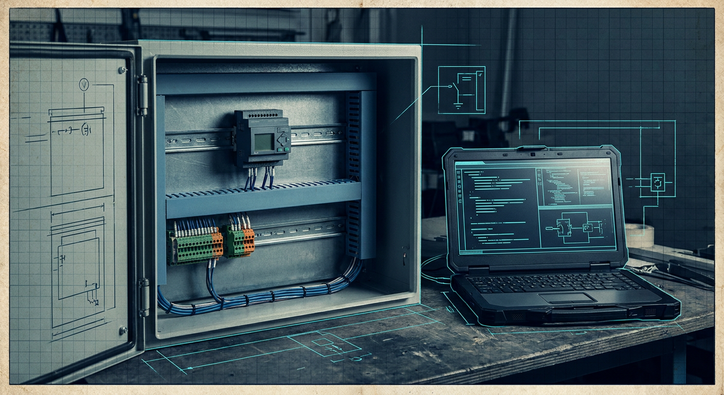 An industrial automation workbench with an open control box and PLC hardware connected to a programming laptop