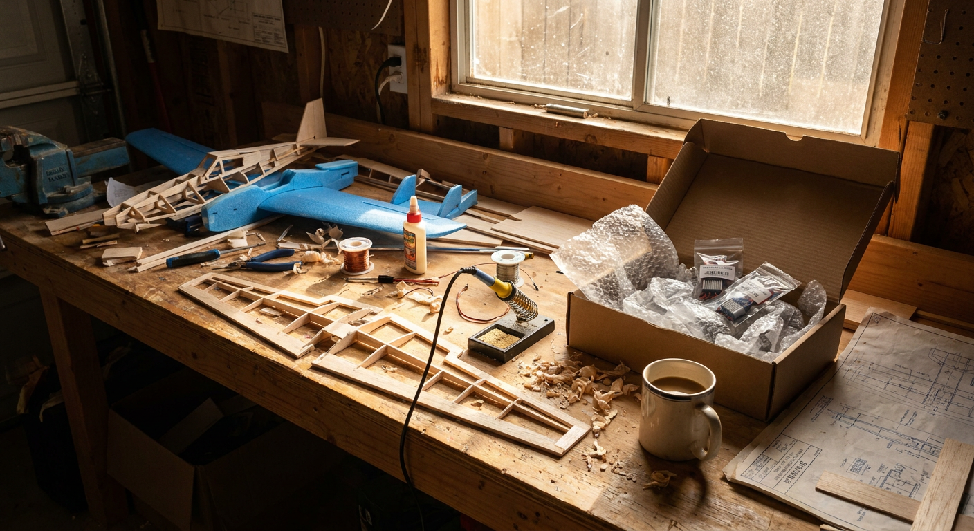 An RC airplane builder's workbench with unpackaged hobby electronics and model aircraft parts