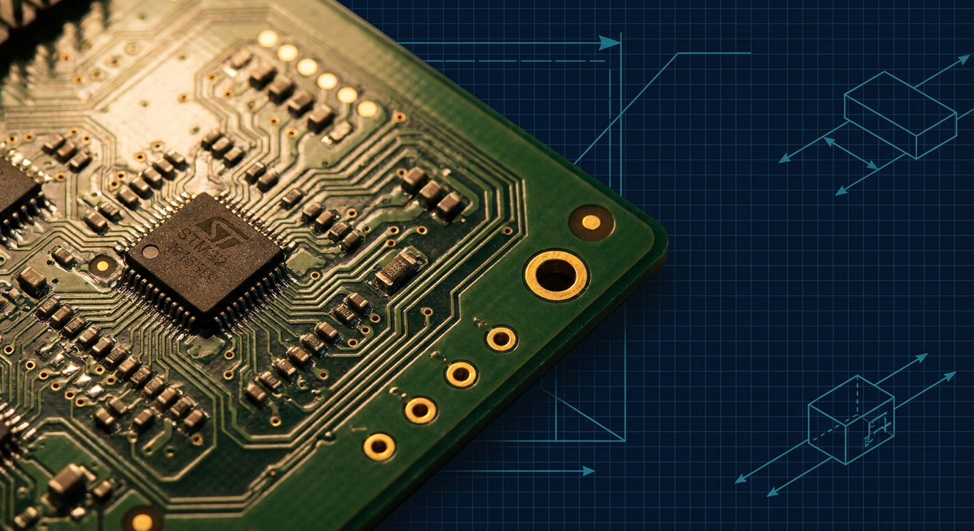 Close-up of a 4-layer STM32 printed circuit board under lab lighting
