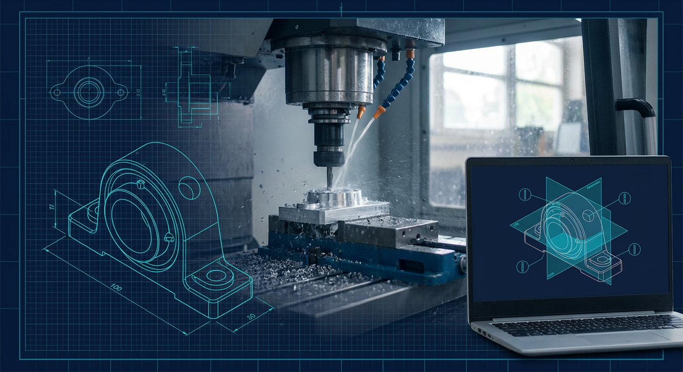 CNC machining centre milling an aluminium bearing housing next to a CAD terminal showing parametric geometry.