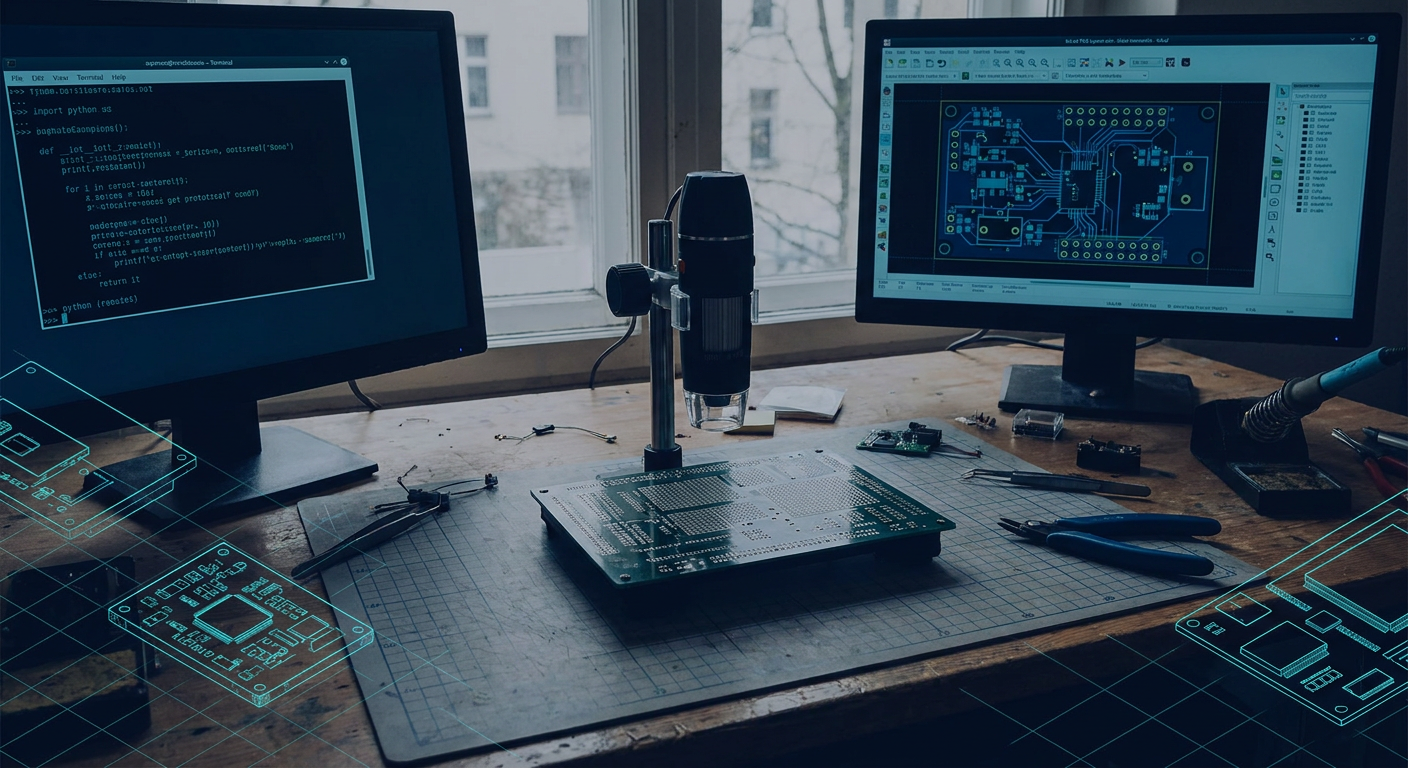Hardware engineer workbench with a prototype PCB on a test jig next to code and layout screens