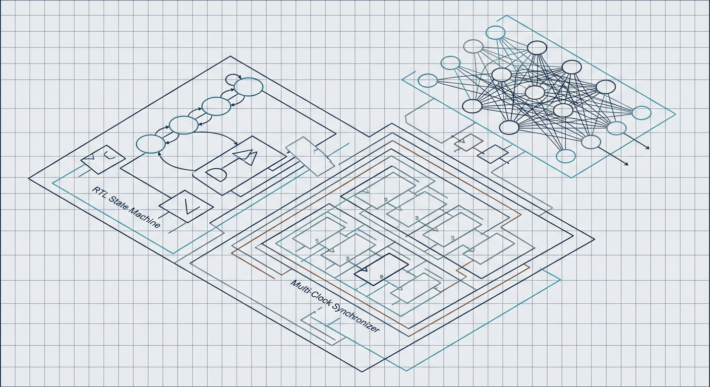 Abstract technical blueprint contrasting RTL digital logic synchronizers with neural network architecture paths.