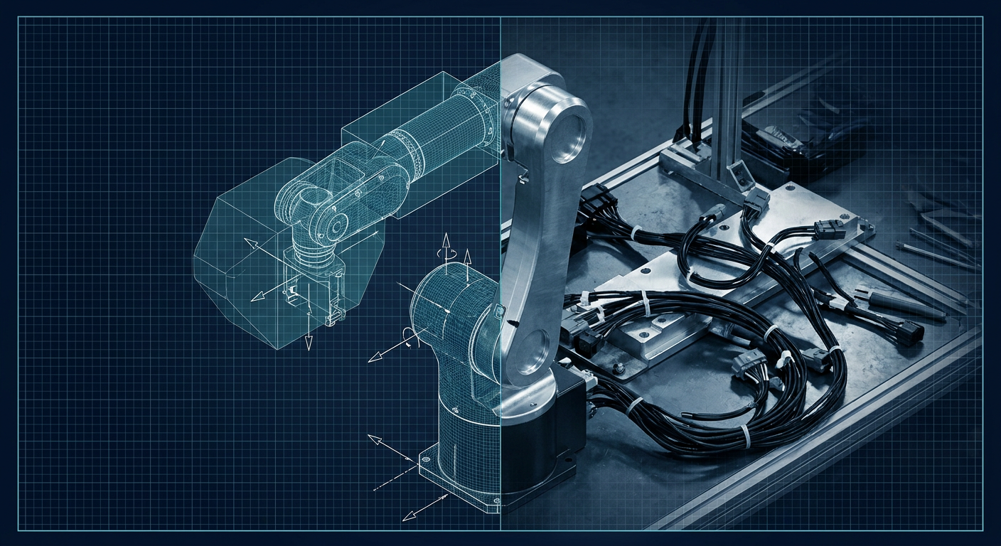 A robotic arm mechanism visualized halfway between a simulation mesh and a machined aluminum prototype on a test bench