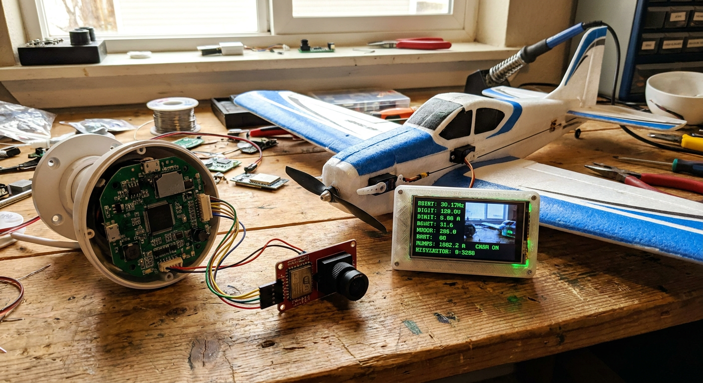 DIY OpenIPC camera board and Wi-Fi transmitter on a maker workbench next to an RC airplane