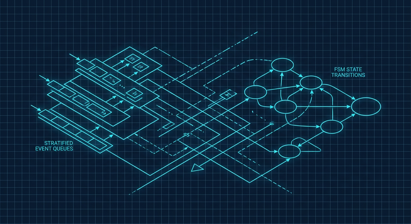 Stratified event queue and state machine formal verification diagram