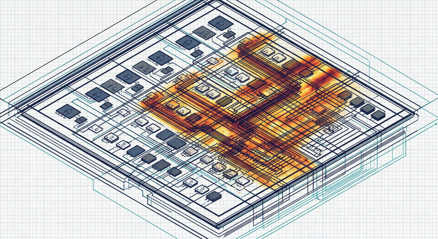 Technical diagram showing FPGA routing interconnect congestion heatmaps and look-up table logic blocks.
