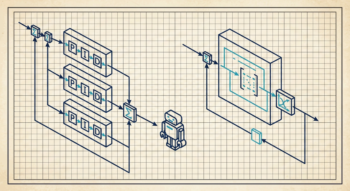 Technical diagram comparing cascaded PID control loops against model predictive control matrices for robotic actuation