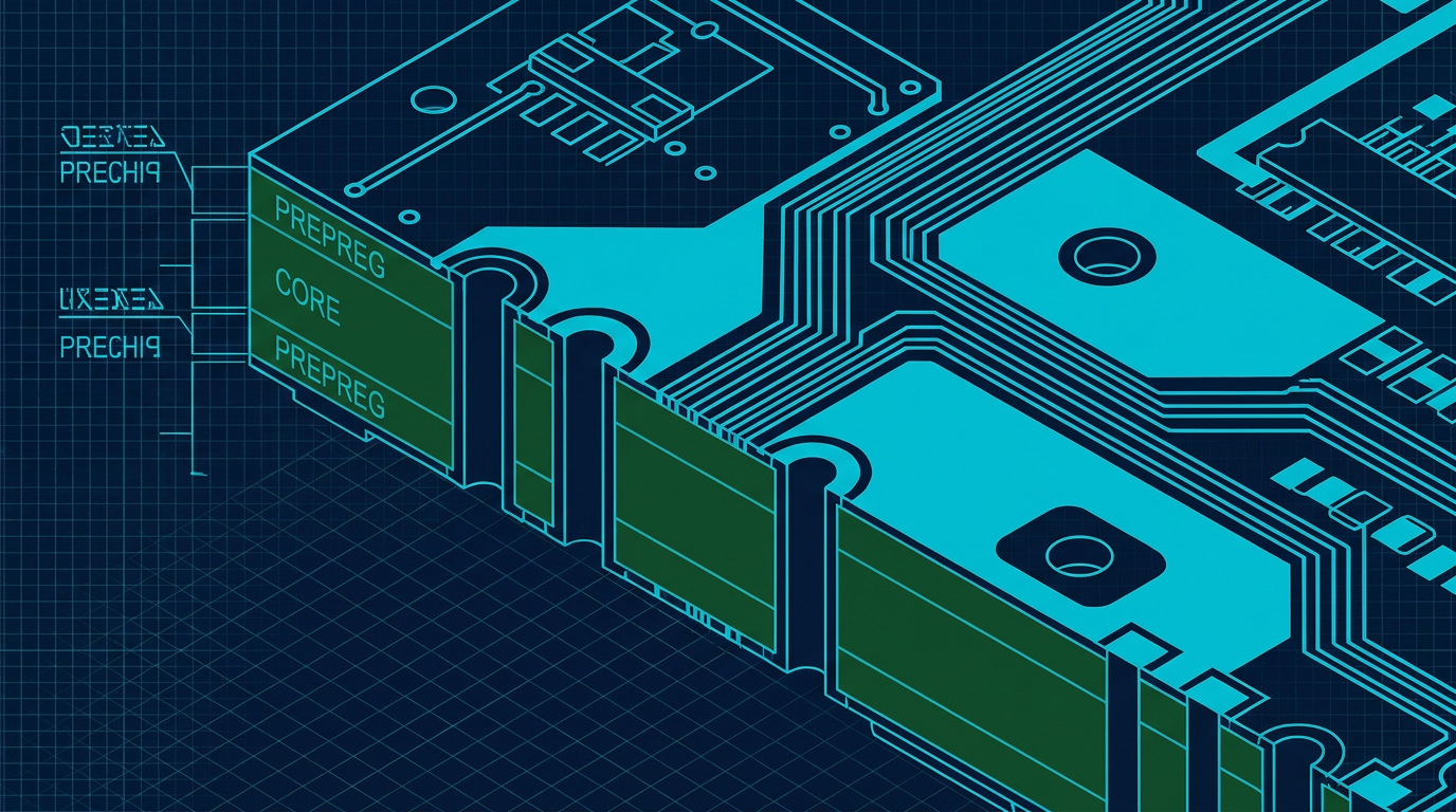 Close up 3D render of a four layer printed circuit board showing microstrip differential pairs routed over an inner ground plane