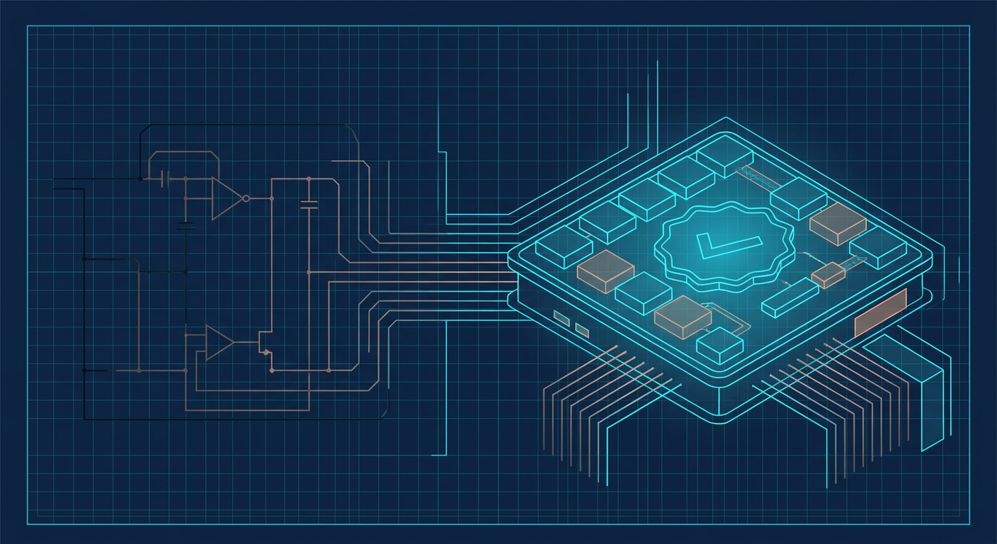 Technical graphic showing circuit schematic elements converting into verified competence badges