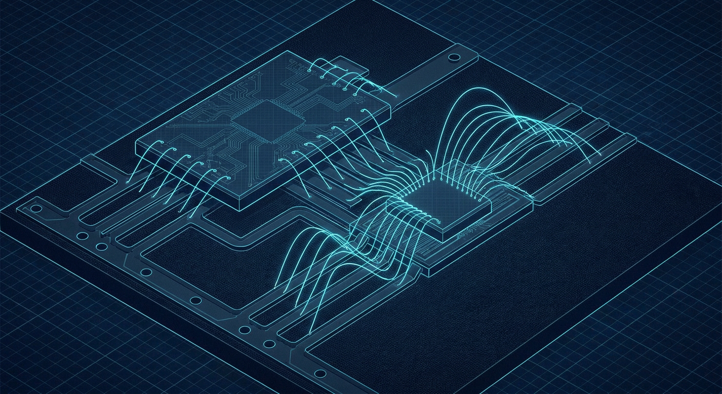 Technical cross-section diagram of heterogeneous digital and RF MMIC integration showing electromagnetic coupling between interconnects