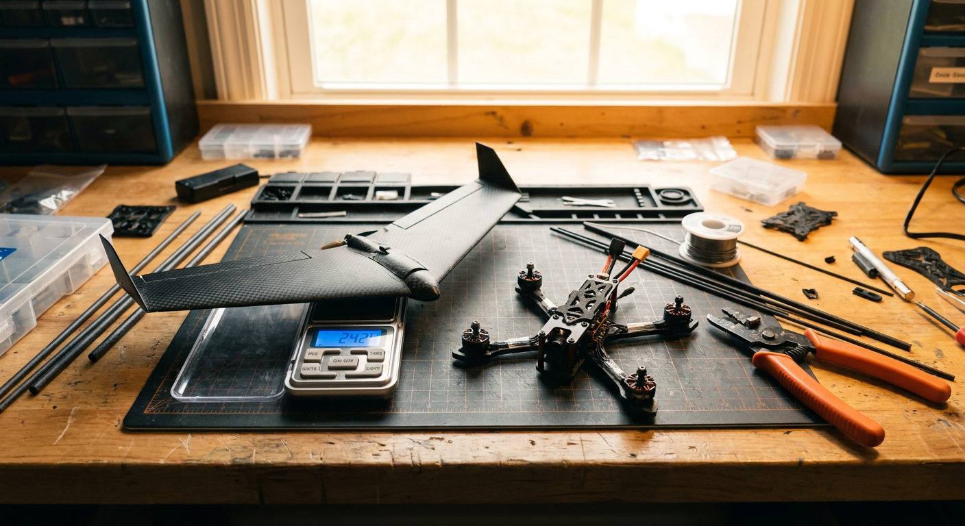 A digital scale on a workbench weighing a sub-250g RC aircraft next to tools and components