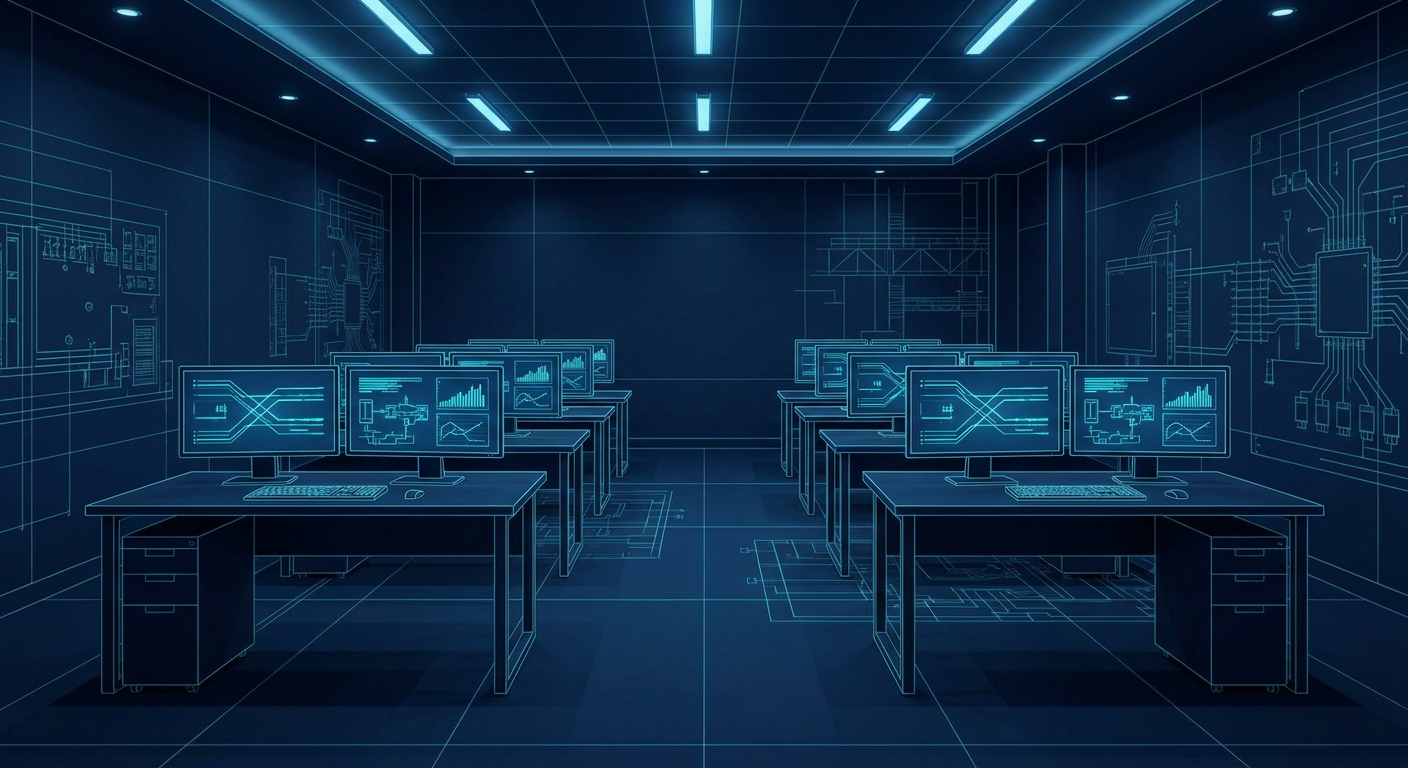 Modern corporate developer workstations set up for technical training and diagnostic simulation exercises
