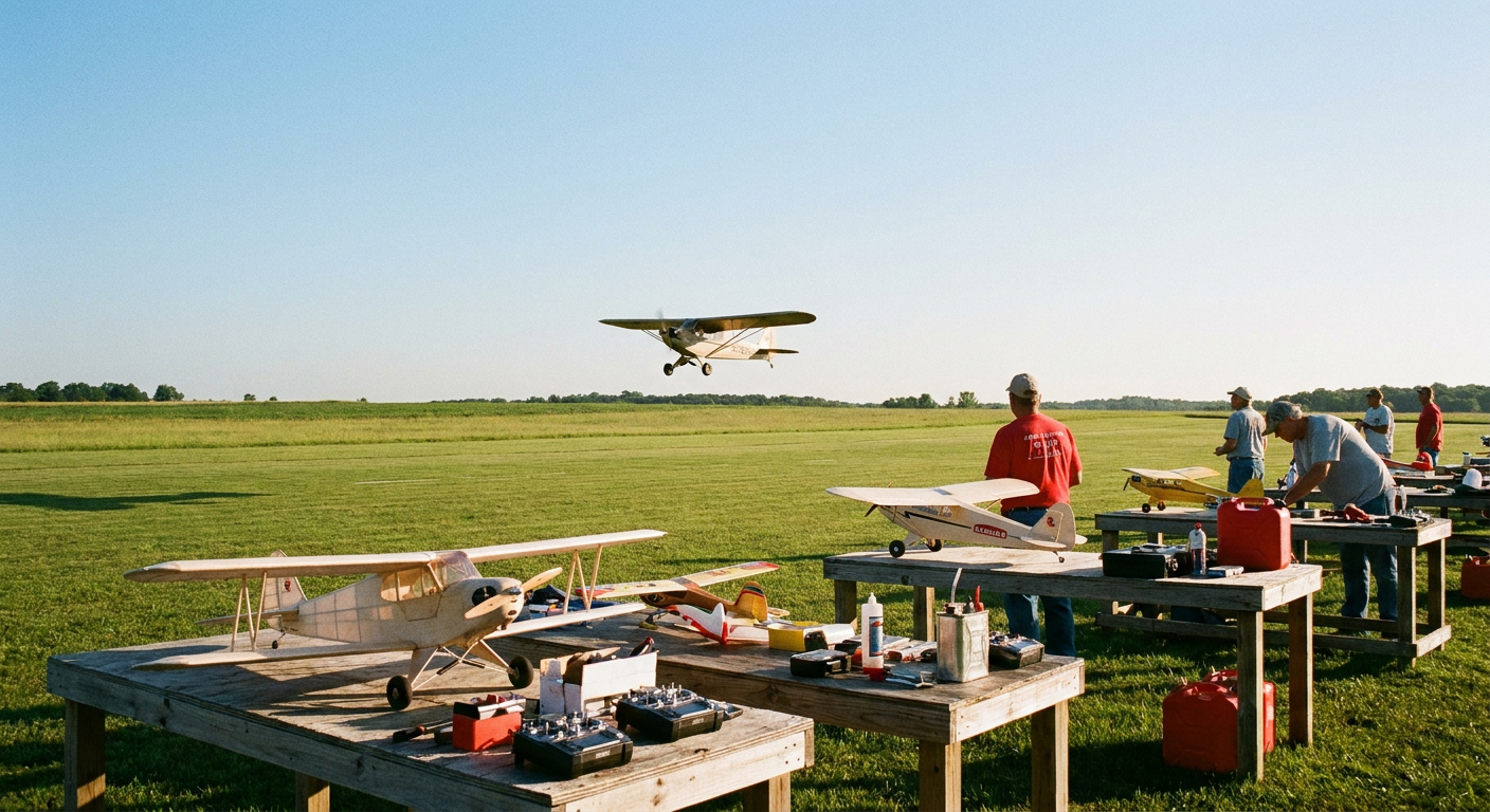 Model airplanes on pit tables at a grass flying field with a trainer aircraft in the air
