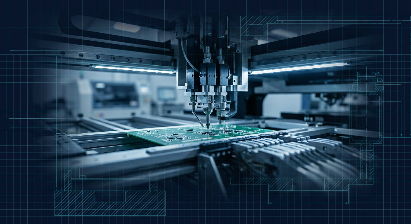 Surface mount assembly machine placing integrated circuits onto a circuit board in an electronics production facility